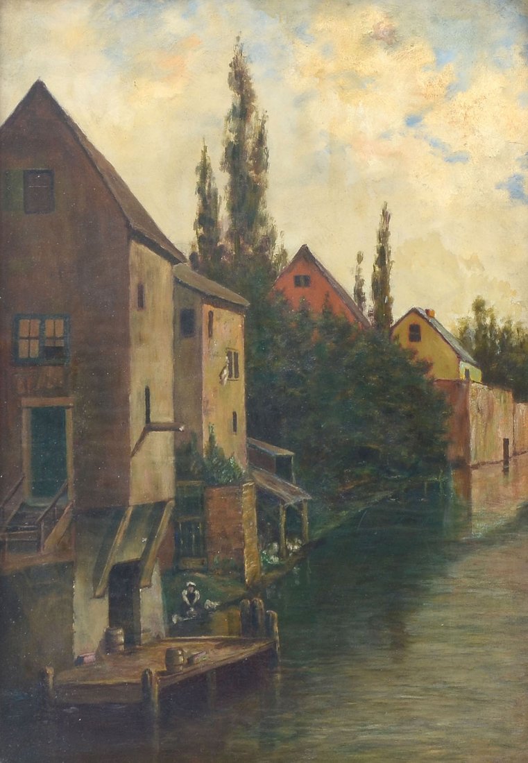 EUROPEAN CANAL PAINTING NEWCOMB MACKLIN FRAME: EUROPEAN CANAL PAINTING NEWCOMB MACKLIN FRAME: 20" x 14", no visible signature, gilded and carved Newcomb Macklin frame with label affixed verso, 26.5" x 20.5".
