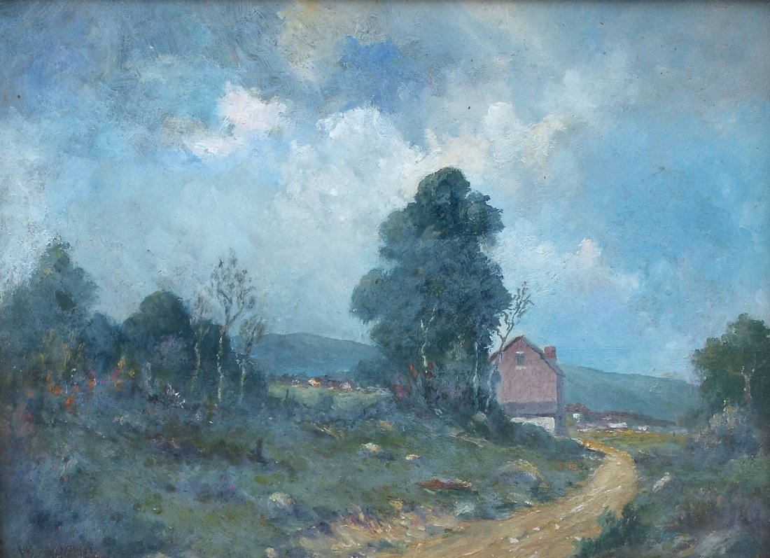 IMPRESSIONIST LANDSCAPE PAINTING NEWCOMB MACKLIN: IMPRESSIONIST LANDSCAPE PAINTING IN NEWCOMB MACKLIN FRAME: Oil/Board, 9" x 12", signed lower left W. A. O. Paul, under glass, carved and gilded frame 12.75" x 15.75", Newcomb Macklin label affixed ver