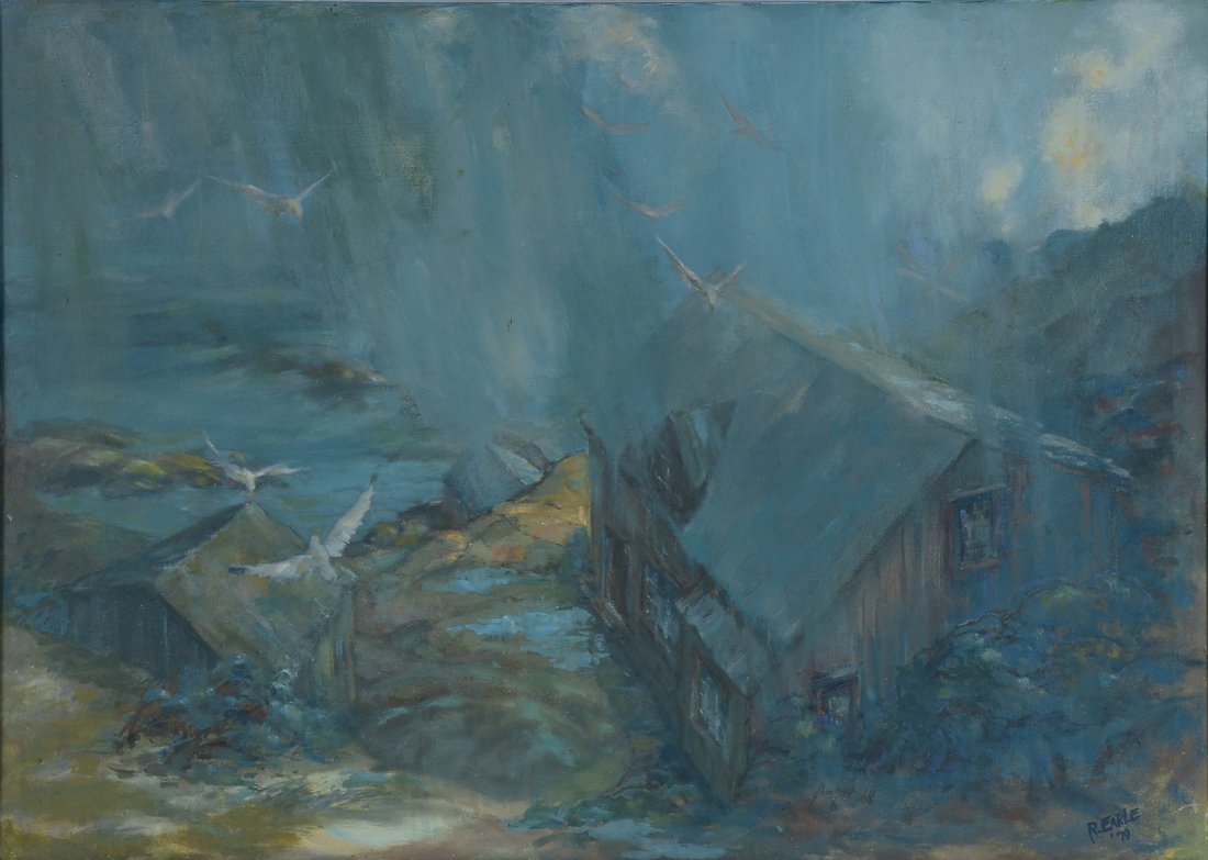 BOB EARLE "THE RAIN IN MAINE" EXHIBITED PAINTING: EARLE, Robert, (American, 1918): "The Rain in Maine" also known as Approaching Storm, Oil/Canvas, 30" x 42", signed lower right, dated '79, Associated Artist Bob Earl, "The Rain in Maine", first prize