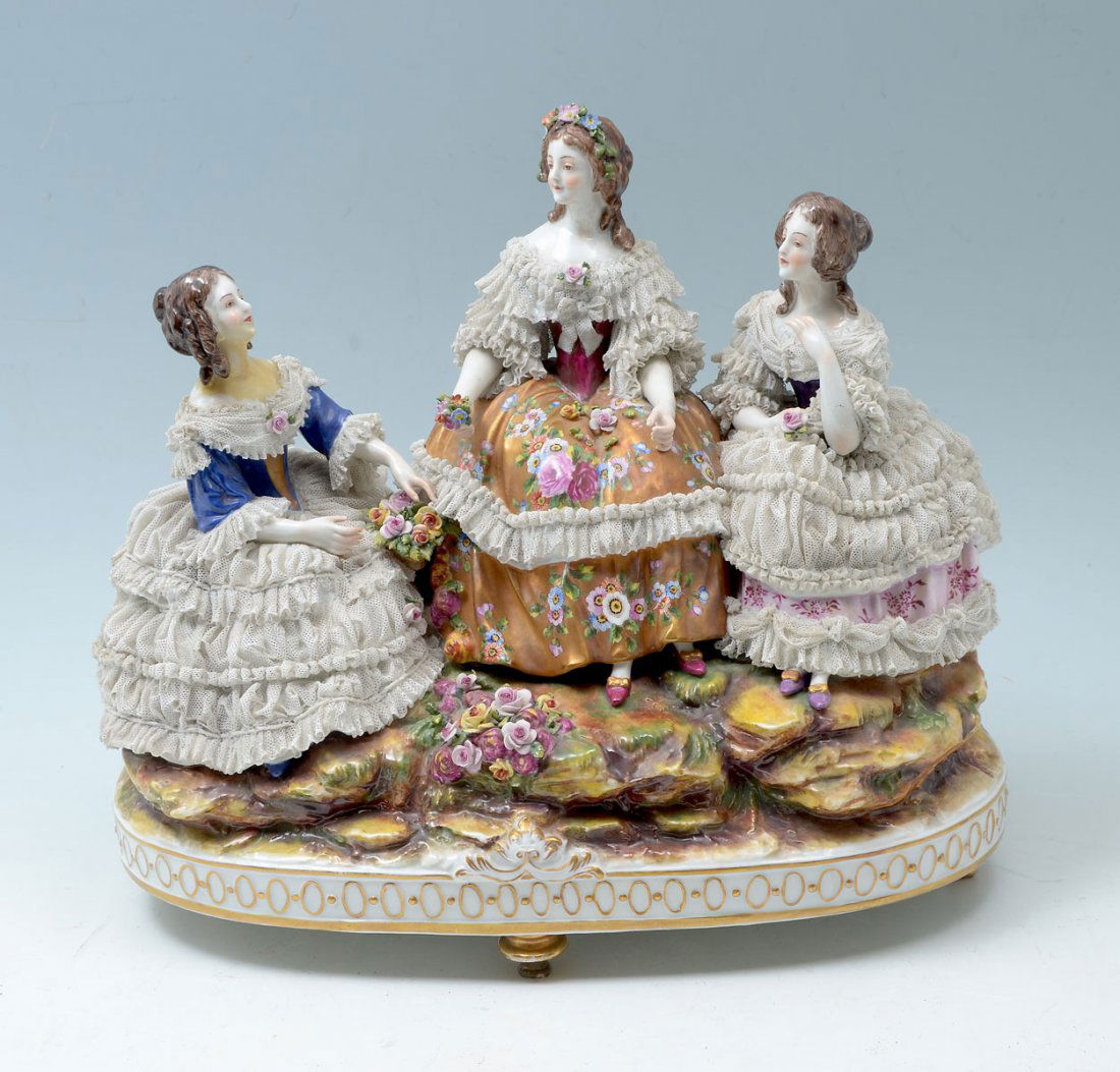 EARLY 20TH C. CAPODIMONTE PORCELAIN GROUPING: EARLY 20TH C. CAPODIMONTE PORCELAIN GROUPING: Capodimonte porcelain sculpture of 3- women in conversation. Marked with an "N" under crown, at the verso. Approx. 12" h x 14" l x 8.5"w.