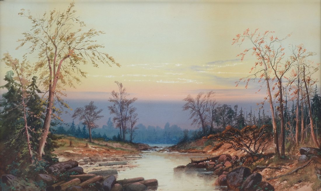 THOMAS GIBBS MOSES LANDSCAPE PAINTING 1885: MOSES, Thomas Gibbs, ( American, 1856-1934): Panoramic Wilderness Landscape with Stream, Watercolor, sight size 17.5" x 29.5", signed lower right and dated '85, gilded and carved Impressionist frame ,