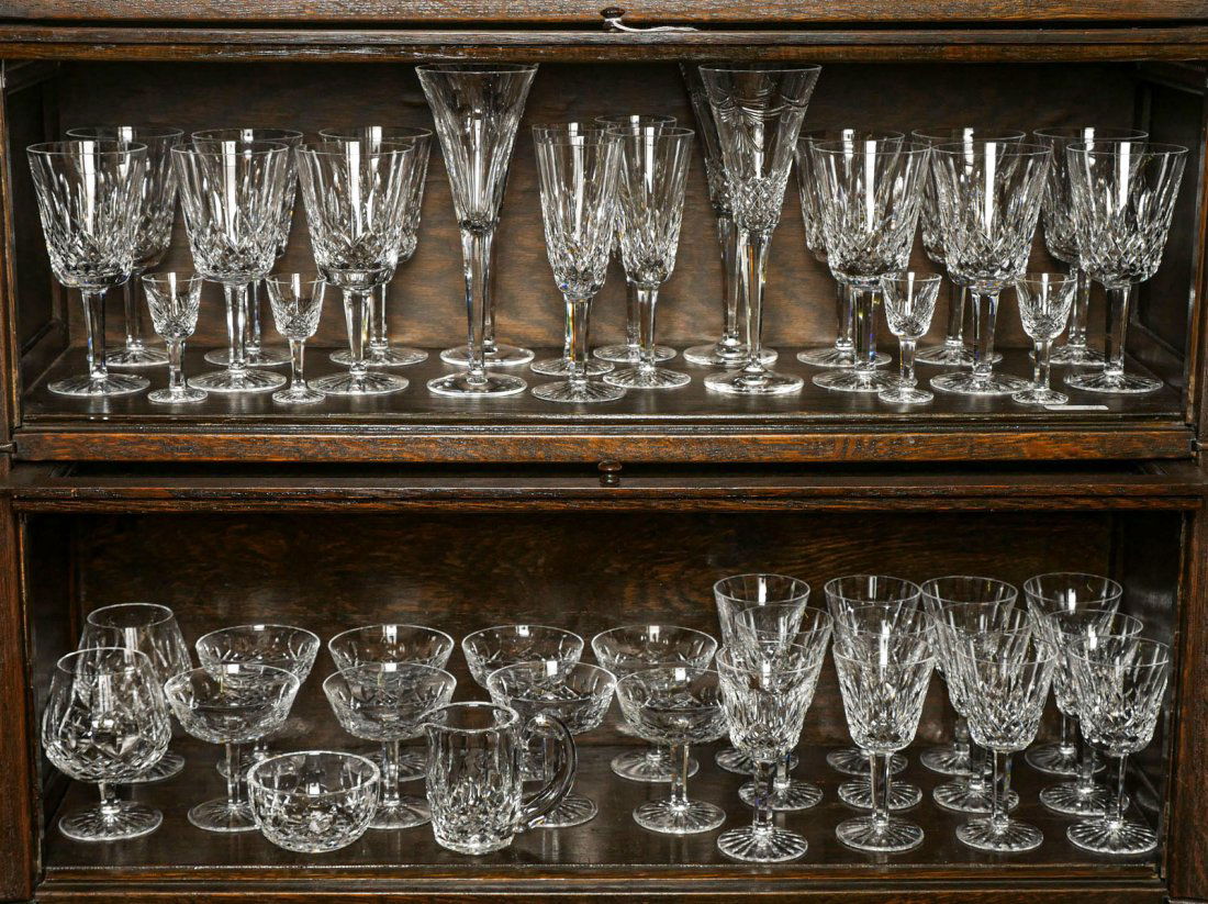 LOT OF WATERFORD LISMORE GLASS STEMWARE: LOT OF WATERFORD LISMORE GLASS STEMWARE: Approx 48 pieces including: 1) 4 champagne flutes; 2) 8 champagne glasses; 3) 12 water glasses; 4) 12 red wine glasses; 5) 4 white wine glasses, 6) 4 appertif