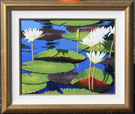 ROBERT JOHNSON FLORIDA WATERLILY PAINTING: JOHNSON, Robert, (American 20th century): ''Waterlilies'', Study 1, Acrylic/Canvas. Signed and dated 99. Contemporary gold frame, 23'' x 27''.