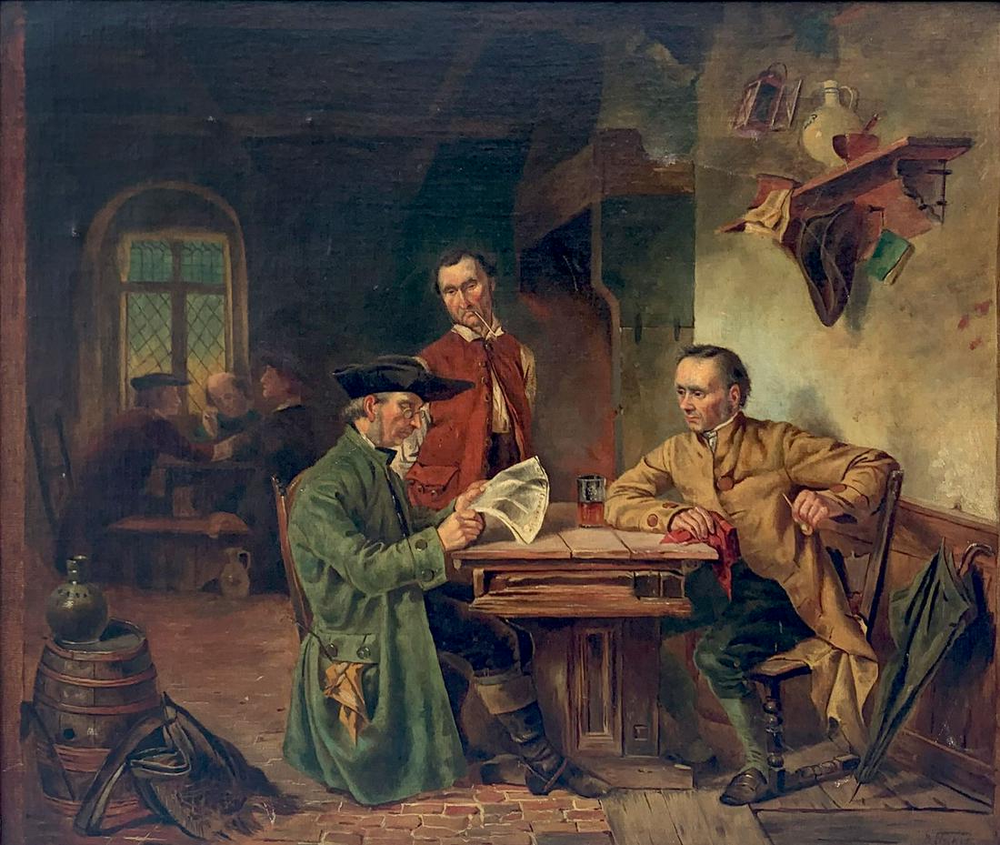 DAVID WILKIE TAVERN SCENE PAINTING: WILKIE, Sir David, (Scottish, 1785-1841): Tavern Scene with Men Seated at a Table, Oil/Canvas, 20'' x 24'', signed lower right, framed, 25'' x 29''.