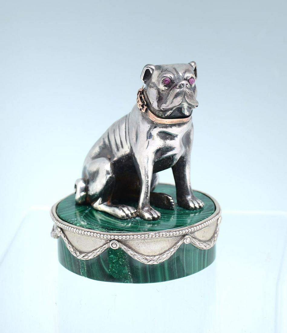 SILVER DOG ON SILVER & MALACHITE IN STYLE OF FABREGE: SILVER DOG ON SILVER & MALACHITE IN THE STYLE OF FABERGE: Perhaps this handsome dog is a boxer. Spurious Faberge mark. Also marked I.P. and 88 poised on a malachite and silver trimmed plinth. Total we