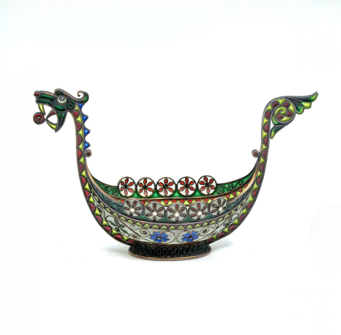 MARIUS HAMMER PLIQUE-A-JOUR ENAMELED SILVER BOAT: MARIUS HAMMER PLIQUE-A-JOUR ENAMELED SILVER BOAT: Marius Hammer Norwegian 'Plique a Jour' enameled filigree 930 sterling silver figural dragon boat salt cellar bowl. Bottom marked '930S' with Marius H