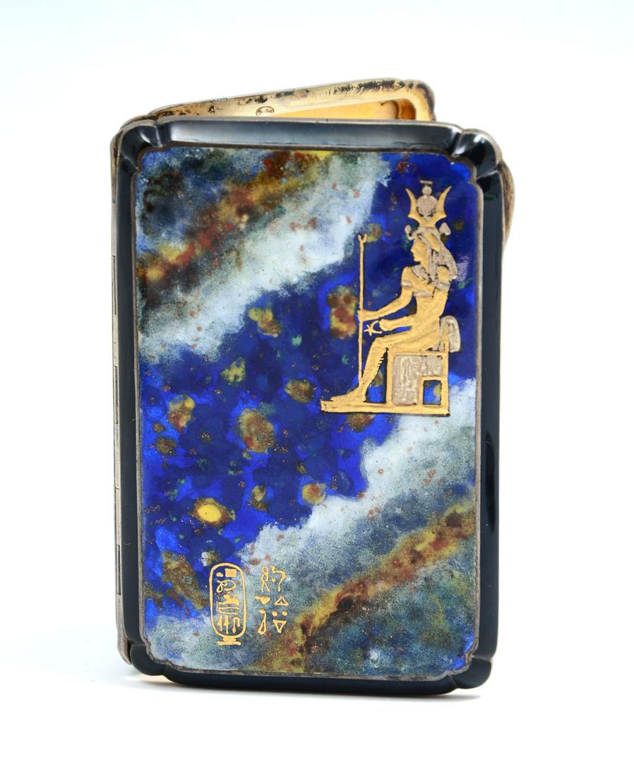 ENAMELED EGYPTIAN STERLING CARD CASE: ENAMELED EGYPTIAN STERLING CARD CASE: Egyptian enameled Sterling silver card case, having a gold flecked Lapis Lazuli look. Gold washed interior with ''Sterling'' stamp at frame. Raised Gold painted E