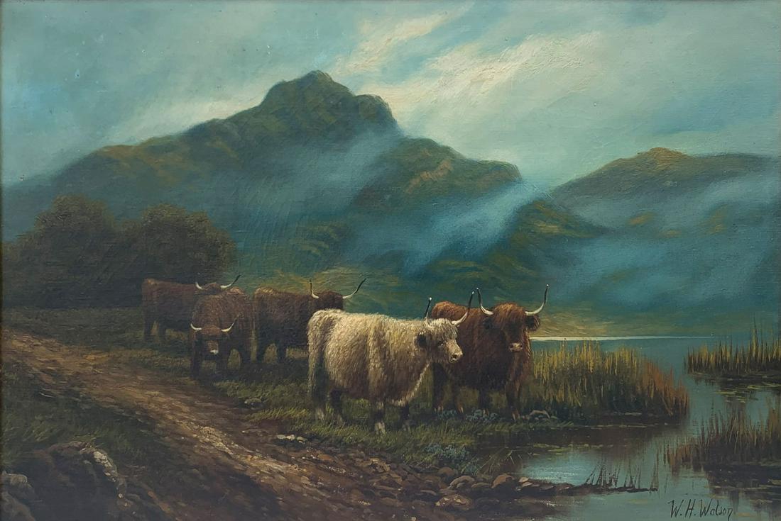 W. H. WATSON HIGHLAND CATTLE PAINTING: WATSON, W. H., (British, 19/20th Century): Highland Cattle by the Water's Edge, Oil/Canvas, 16'' x 24'', signed lower right, framed, 17.5'' x 25.75''.