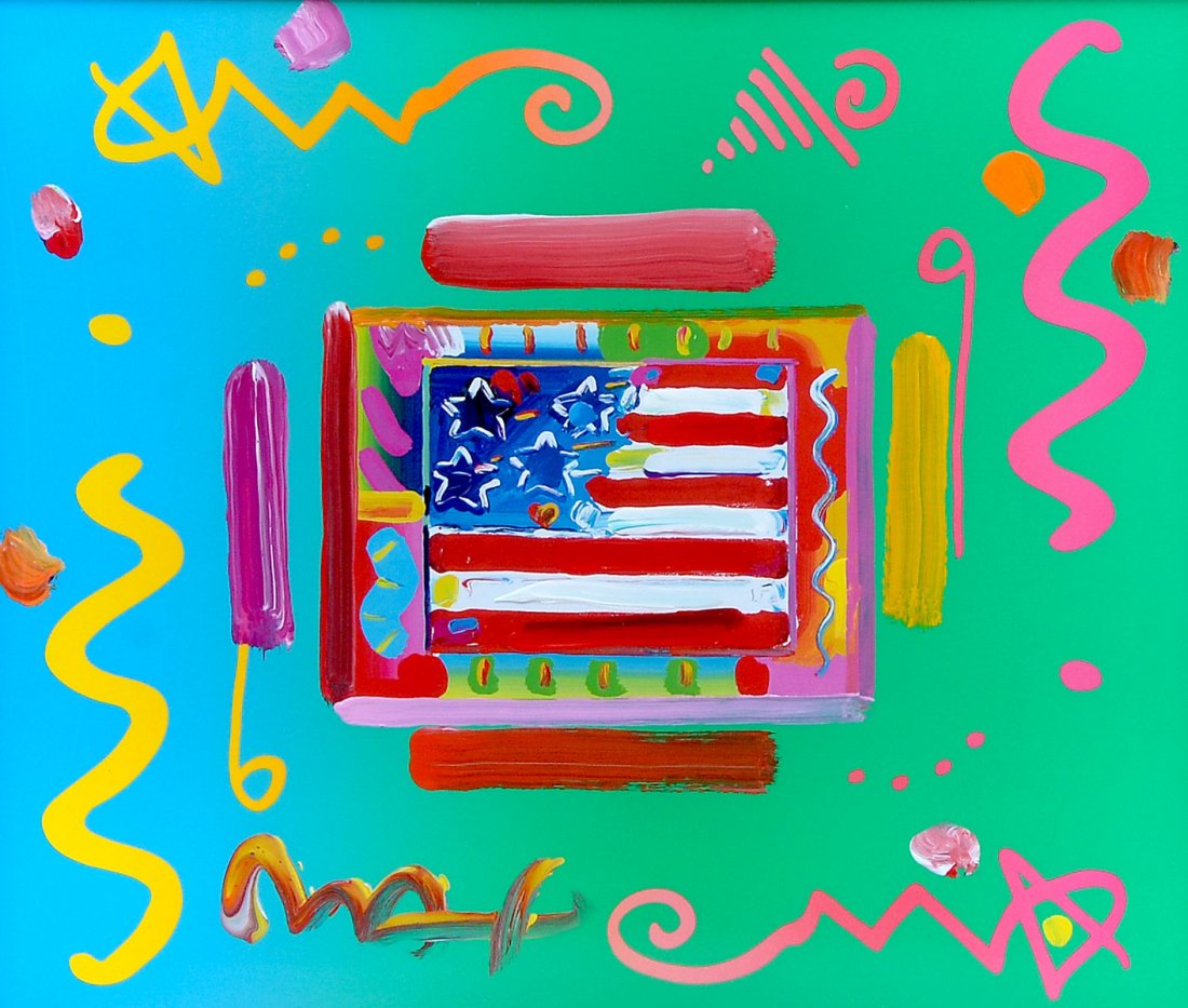 PETER MAX "FLAG WITH HEART" COLLAGE MIXED MEDIA: MAX, Peter, (German, 1937-): "Flag with Heart", Mixed Media, sight size 11.5" x 13.5", signed in the lower margin, framed, 21.75" x 23". With Park West COA.