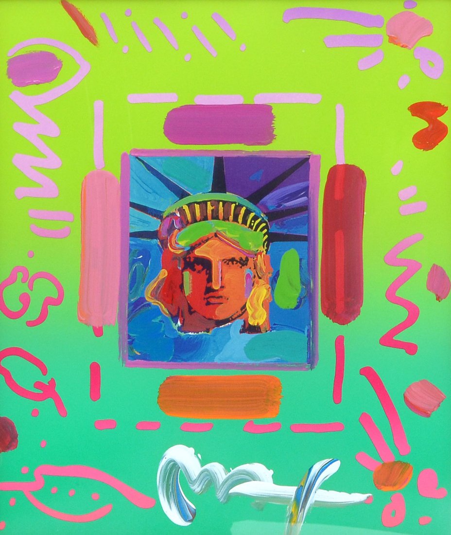 PETER MAX "LIBERTY HEAD II COLLAGE": MAX, Peter, (German, 1937-): "Liberty Head II Collage", Mixed Media, sight size 29" x 22.5", signed upper right, framed, 42" x 36". With Park West COA.