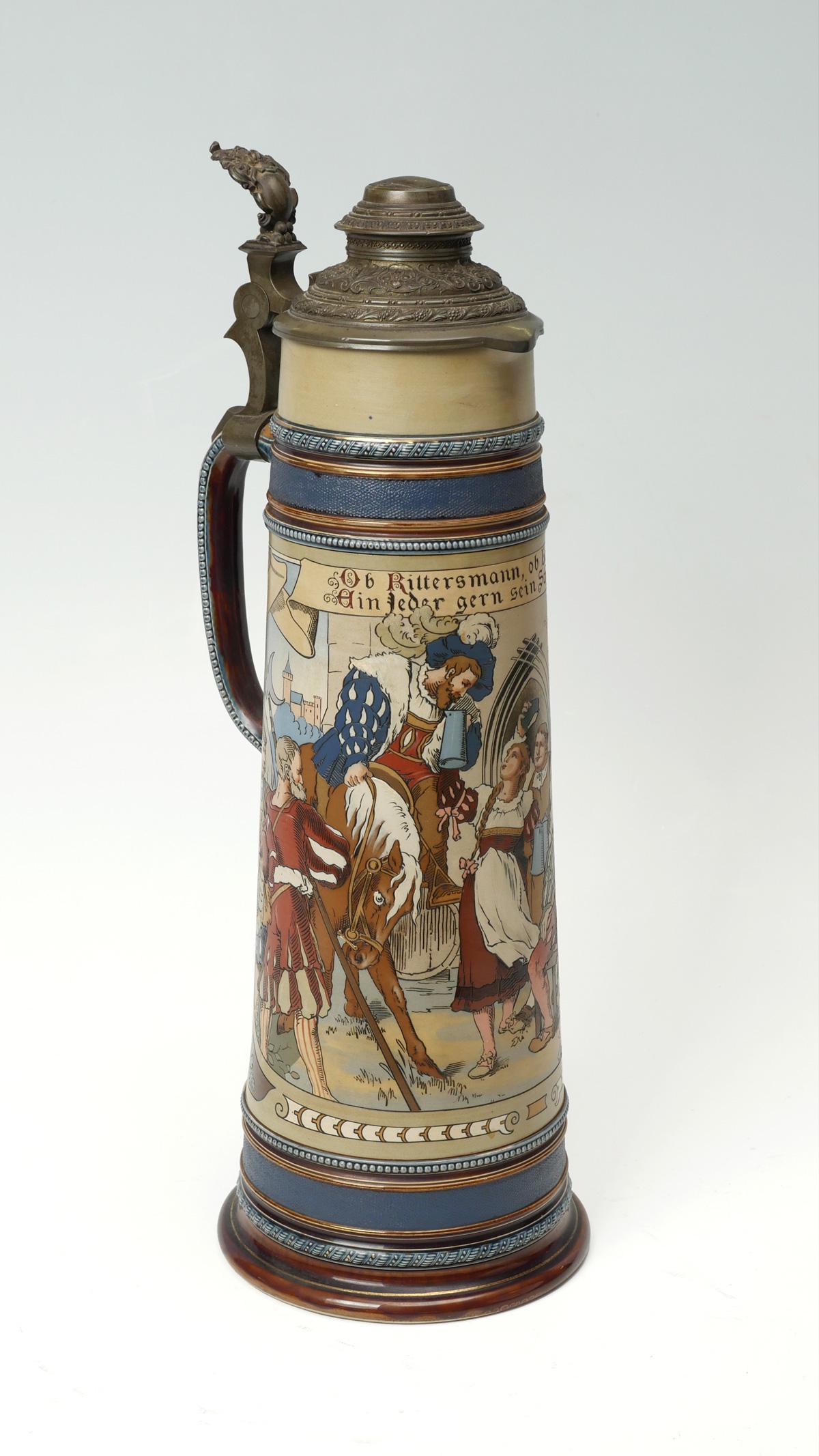 METTLACH STEIN TAVERN SCENE #2223: METTLACH STEIN TAVERN SCENE #2223: A German Mettlach lidded beer stein with pewter lid, #2223, Knight drinking at tavern, 5.5 liter, marked to base. Approx. 21.25'' h x 8.25'' l at handle x 7.5'' w.