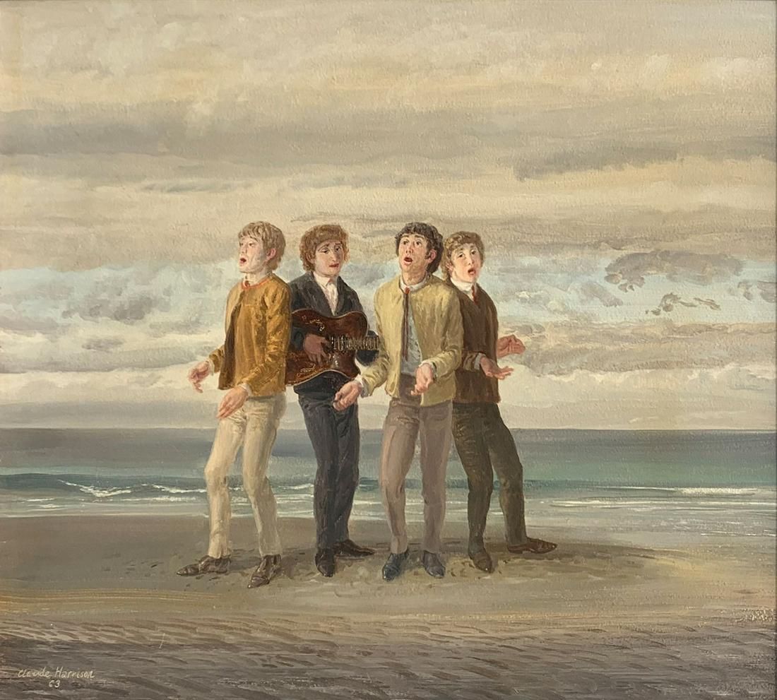 CLAUDE HARRISON PAINTING ''SINGERS IN THE SAND'': HARRISON, Claude William, (British, 1922-2009): ''Singers in the Sand'', Oil/Masonite, 15.5'' x 17.75'', signed lower left, dated '63, Oehlschlaeger label affixed verso, framed, 21.5'' x 23''.