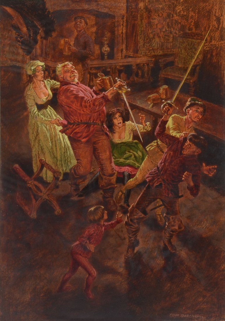 TOM BEECHAM FALSTAFF ILLUSTRATION PAINTING: BEECHAM, Tom, (American, 1926-2000): Tavern Interior Scene, Oil/Cardboard, 12.5" x 8.5", signed lower right, framed, 24" x 20".