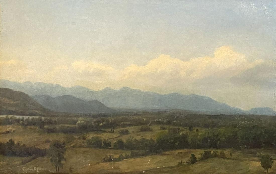 CLINTON OGILVIE POUGHKEEPSIE PAINTING: OGILVIE, John Clinton, (American, 1838-1900): ''The Catskills from College Hill- Poughkeepsie'', a Hudson River School Scene, Oil/Canvas, 11'' x 17'', signed lower left, signed and titled verso, dated