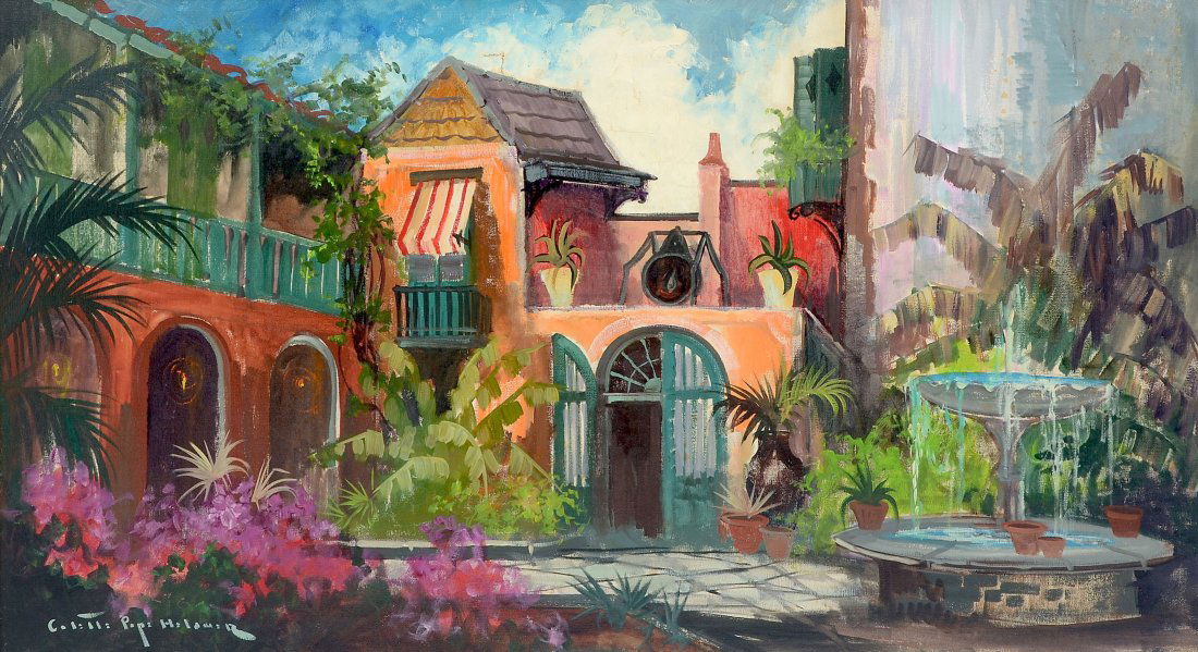 COLETTE POPE HELDNER NEW ORLEANS PATIO PAINTING: HELDNER, Colette Pope, (American, 1902-1990): Patio ''Little Theatre'' French Quarter- New Orleans, Oil/Canvas, 20'' x 36'', signed lower left, signed and titled verso, framed, 24.25'' x 40.25''.
