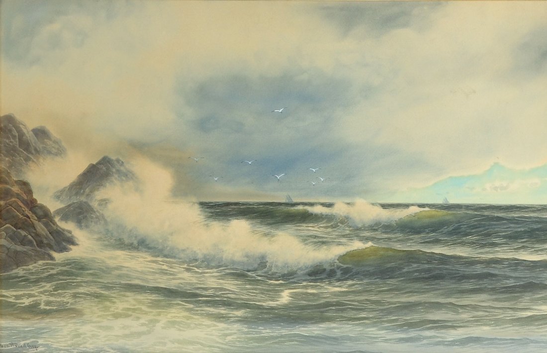 GEORGE HOWELL GAY COASTAL SURF PAINTING: GAY, George Howell, (American, 1858-1931): Coastal Surf Scene, Watercolor, sight size 17.5" x 27.5", signed lower left, period gilded gesso frame, 27.5" x 37.5".