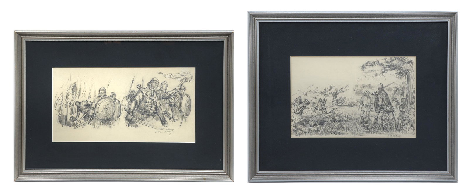 TWO E. A. ABBEY PENCIL ILLUSTRATIONS: ABBEY, Edwin Austin, (American, 1852-1911): 1) "Saxon Army", sight size 7.5" x 14.5", signed lower right, framed, 15.25" x 22.5"; 2) Depicts a Battle Scene, sight size 8.5" x 13", signed lower right, 