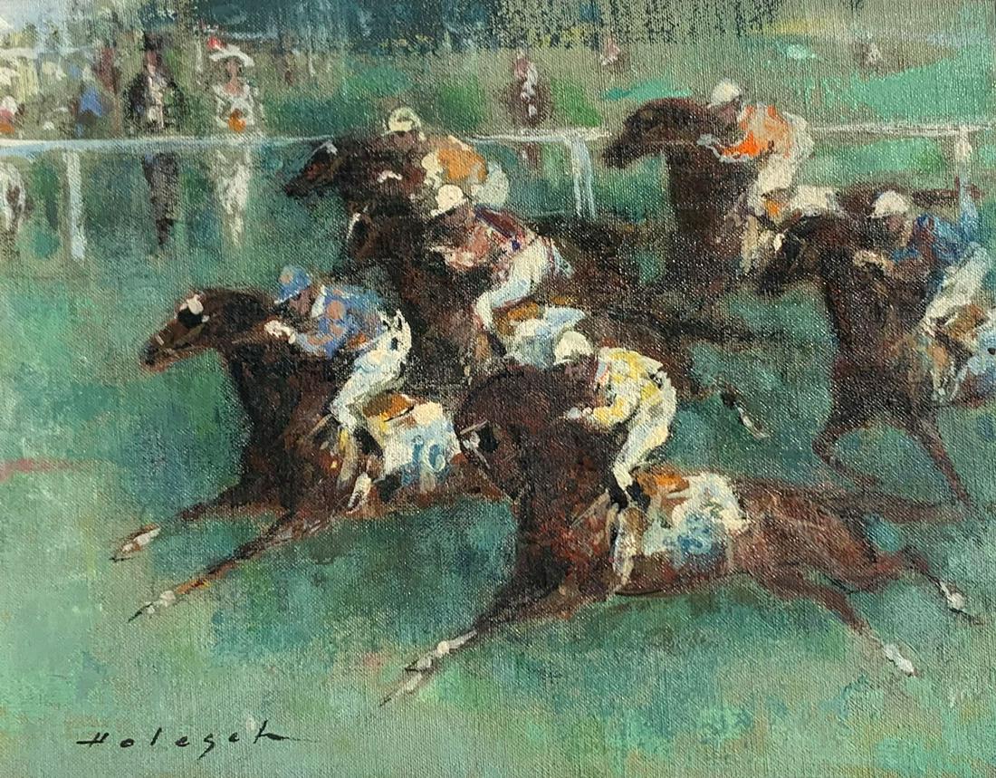 HOLESCH HORSE RACING PAINTING: HOLESCH, Denes De, (Hungarian, 1910-1983): "Jockeys", Oil/Masonite, 9" x 11", signed lower left, Oehlschlaeger Gallery label affixed verso, framed, 14.75" x 16.75".