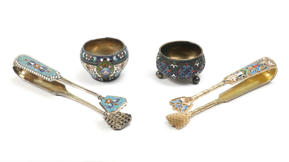 4 PIECE RUSSIAN SILVER ENAMELED LOT: 4 PIECE RUSSIAN SILVER ENAMELED LOT: 1) Footed salt cellar on 3 ball feet dated 1889 with makers marks, 1'' h & 1.5'' at opening; 2) Circular salt cellar with hallmarks, 1.25'' h x 1.5'' at opening; 3