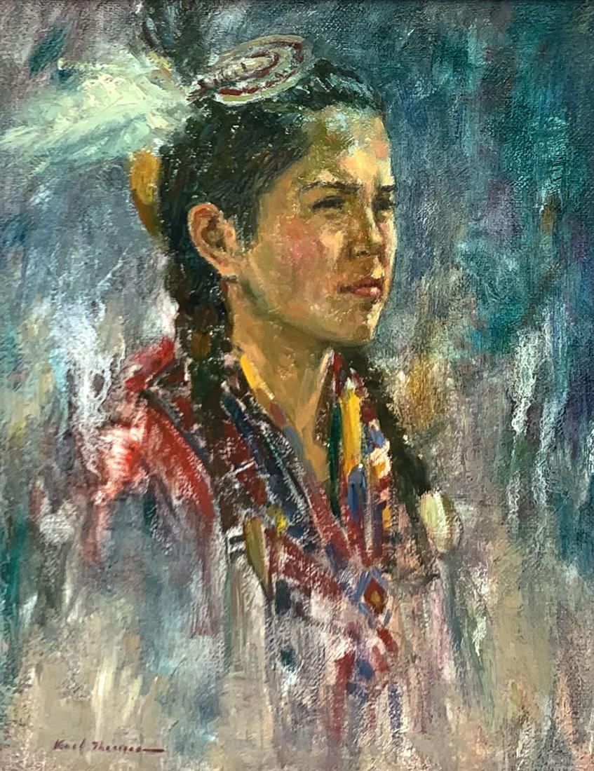 KARL THOMAS INDIAN GIRL PORTRAIT PAINTING: THOMAS, Karl, (American, 1948-): Portrait Painting of a Young Indian Girl, Oil/Canvas, 10'' x 8'', signed lower left, fine custom framing, 17.25'' x 15''.