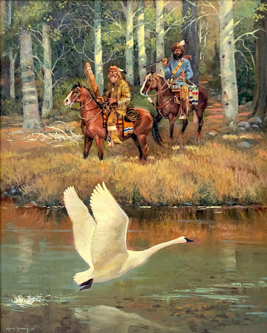 RON SMITH MOUNTAIN MEN PAINTING WITH SWAN: SMITH, Ron, (American, 20th Century): Mountain Men on Horseback, Startling a Swan into Flight, Oil/Canvas, 30'' x 24'', signed lower left, dated '81, encased in original wood frame with minor wear 33'