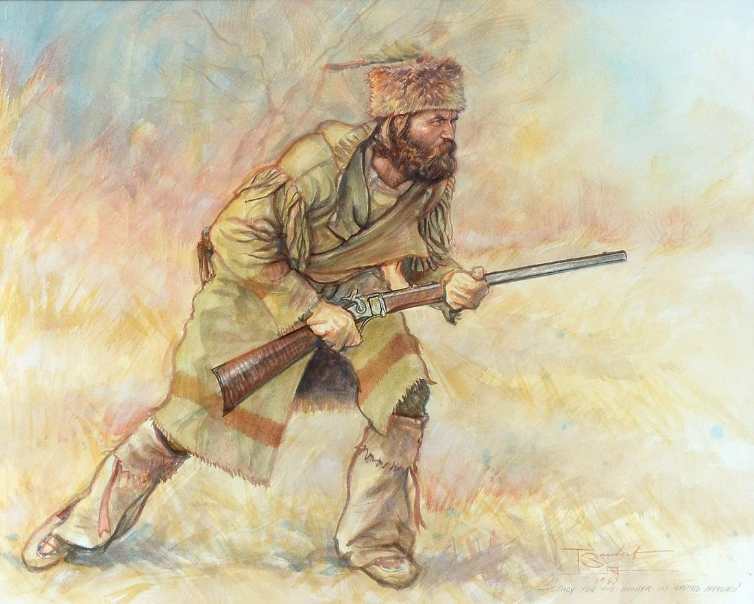 SAUBERT WATERCOLOR ILLUSTRATION UPWIND APPROACH: SAUBERT, Tom, (American, 1950): Study for the Hunter and Upwind Approach, Watercolor, sight size 15" x 19", signed lower right, dated 1980, framed, 24" x 27.5".
