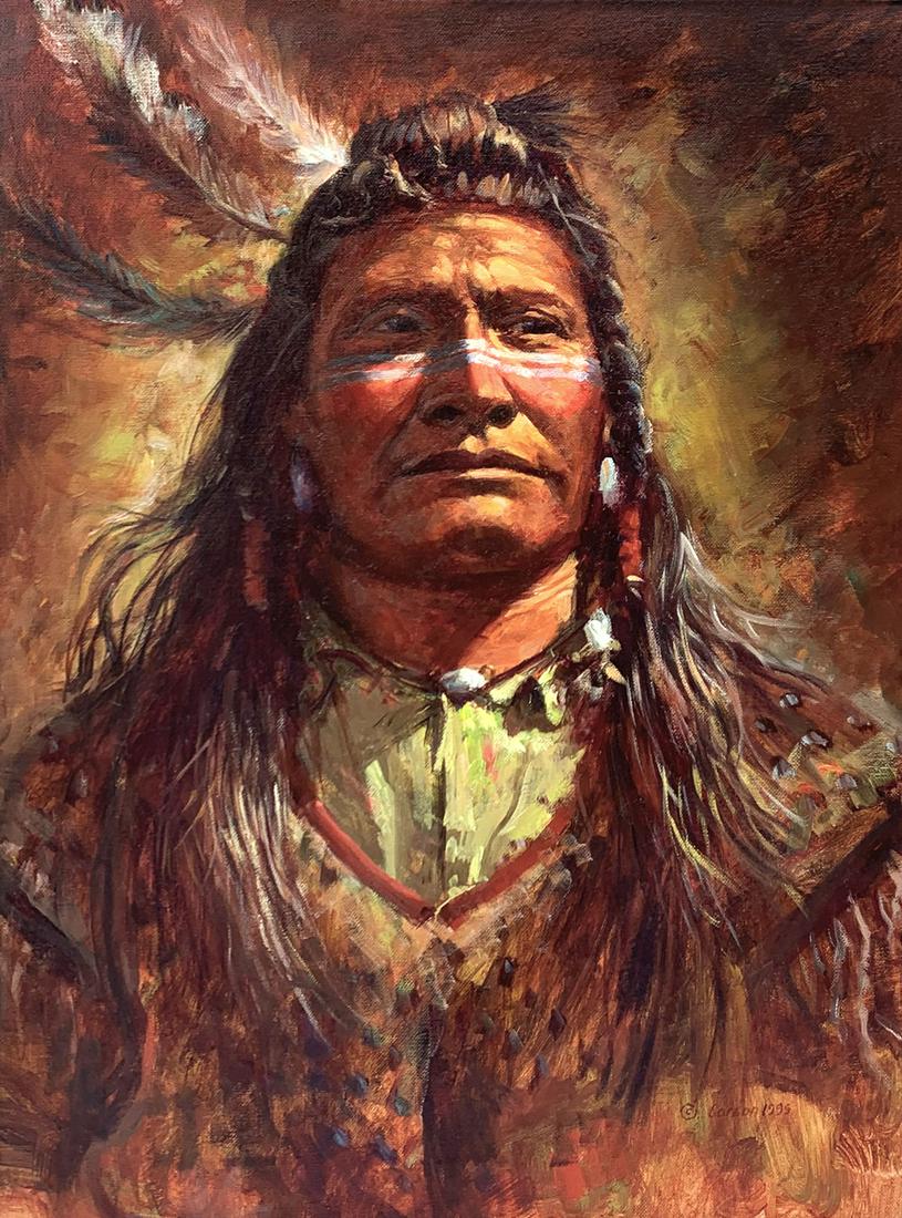JIM CARSON NATIVE AMERICAN INDIAN PAINTING: CARSON, Jim, (American, 1942-): "Three Feathers", Oil/Canvas, 24" x 18", western frame, 33.5" x 27.5", signed lower right, dated 1995, May Gallery Label verso with original price tag of $2500.00
