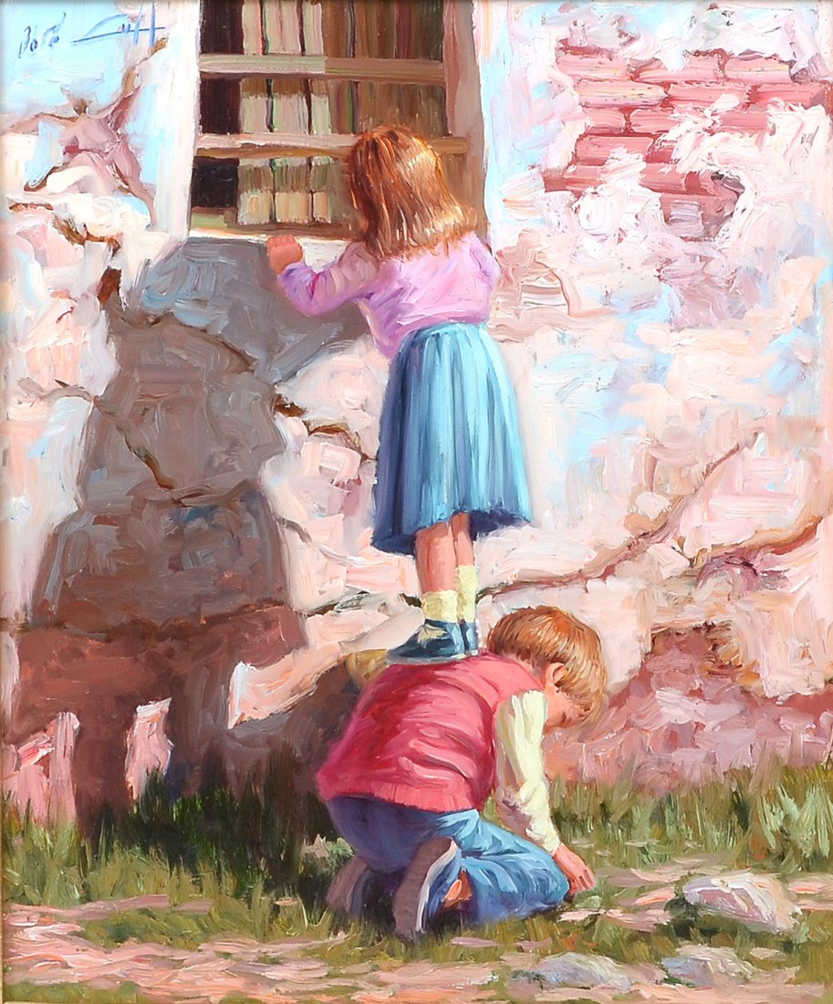 JOSE LULL ''CURIOSEANDO'' PAINTING: LULL, Jose, (Spanish, 20th C.): ''Curioseando'', Oil/Masonite, 18 1/2'' x 15'', signed, titled, framed 29 1/2'' x 26''.