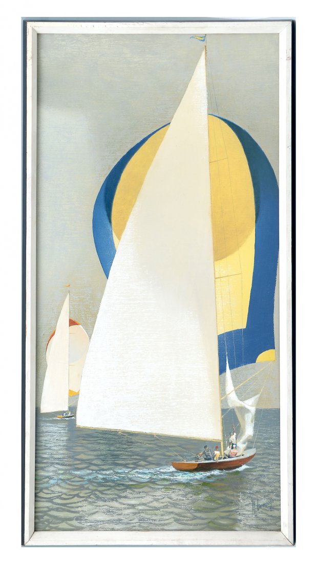 MARIO LARRINAGA MODERNIST YACHTING PAINTING: LARRINAGA, Mario, (American, 1895-1979): "Cup Contenders", Oil/Masonite, sight size 36" x 18", signed lower right, also signed verso and marked Taos New Mexico, framed, 37.25" x 19.25", Mario was an e