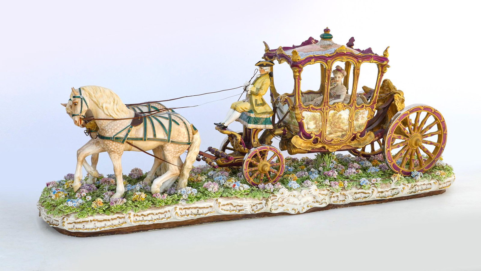 LUIGI FABRIS PORCELAIN HORSE DRAWN CARRIAGE: LUIGI FABRIS PORCELAIN HORSE DRAWN CARRIAGE: Large Luigi Fabris (1833-1952), porcelain grouping of a horse drawn carriage. Signed at underside. Approx. 17'' h x 44'' l x 11'' w.