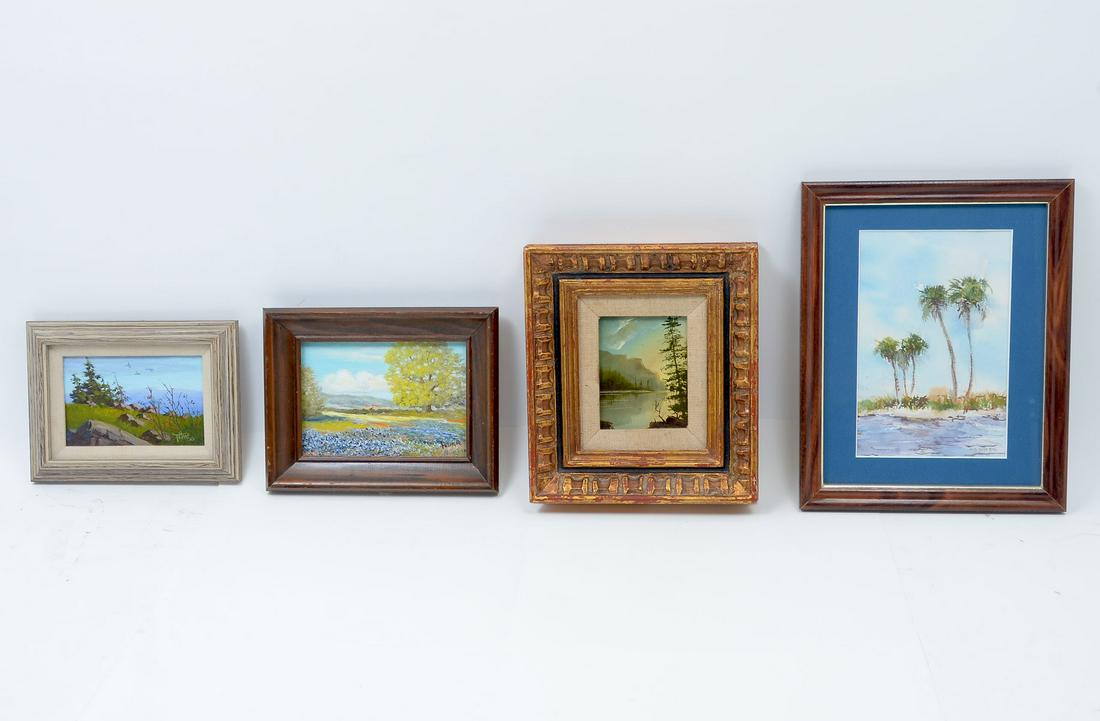 4 PIECE MINIATURE PAINTING LOT: 4 PIECE MINIATURE PAINTING LOT: 1) Tom Haas ''Approaching the Rim'', Oil/Canvas, 4'' x 6'', signed lower right, dated '83, titled verso ''Approaching the Rim Grand Canyon North Rim and Sign'', framed,