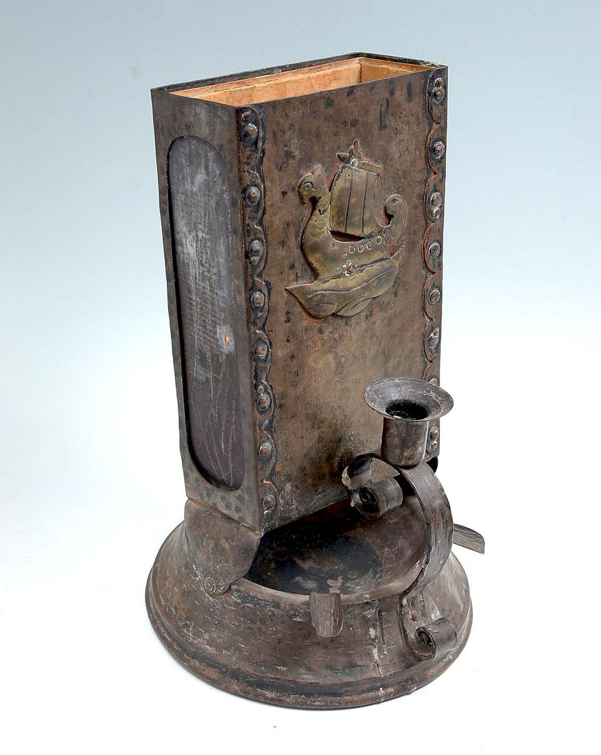 DUTCH ARTS & CRAFTS SMOKING STAND: DUTCH ARTS & CRAFTS SMOKING STAND: Hand forged metal Dutch Arts & Crafts Smokers tray, having a hammered finish. Gilt Viking ship applied at the observe & verso of the matchbox holder. 2- cigarette/ci