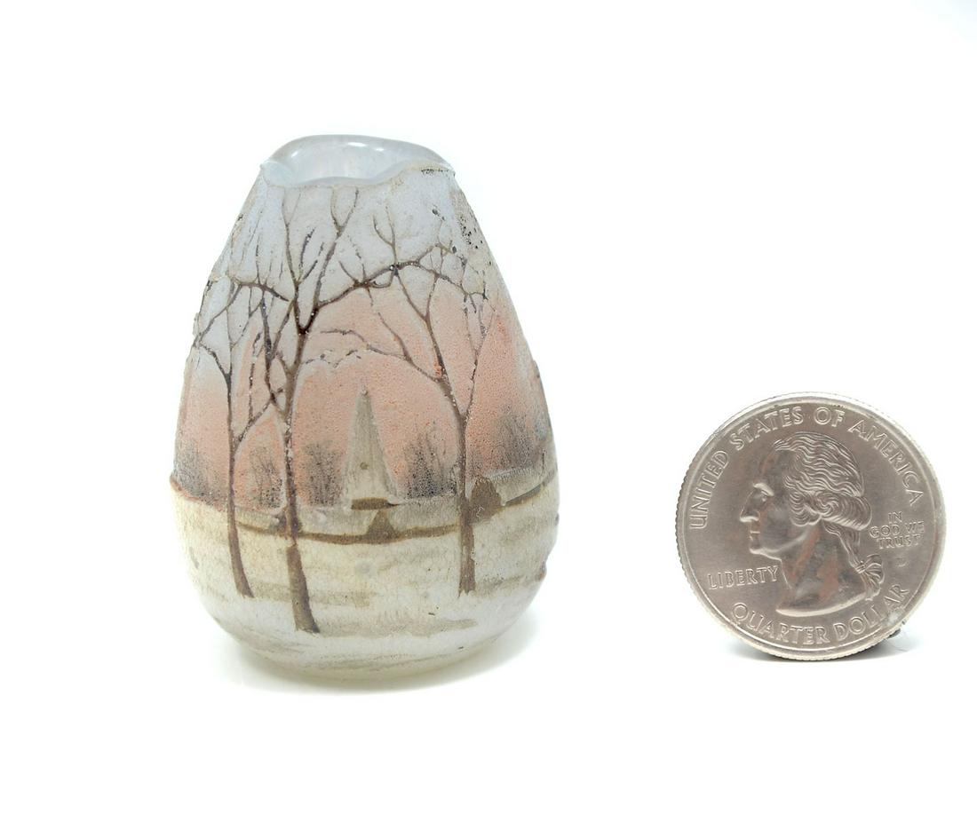 FRENCH MINIATURE DAUM NANCY CAMEO VASE: FRENCH MINIATURE DAUM NANCY CAMEO VASE: Finely detailed Daum Nancy, French art glass vase, having a Dutch fall scene with windmills & boat. Signed at underside, Daum Nancy, RH