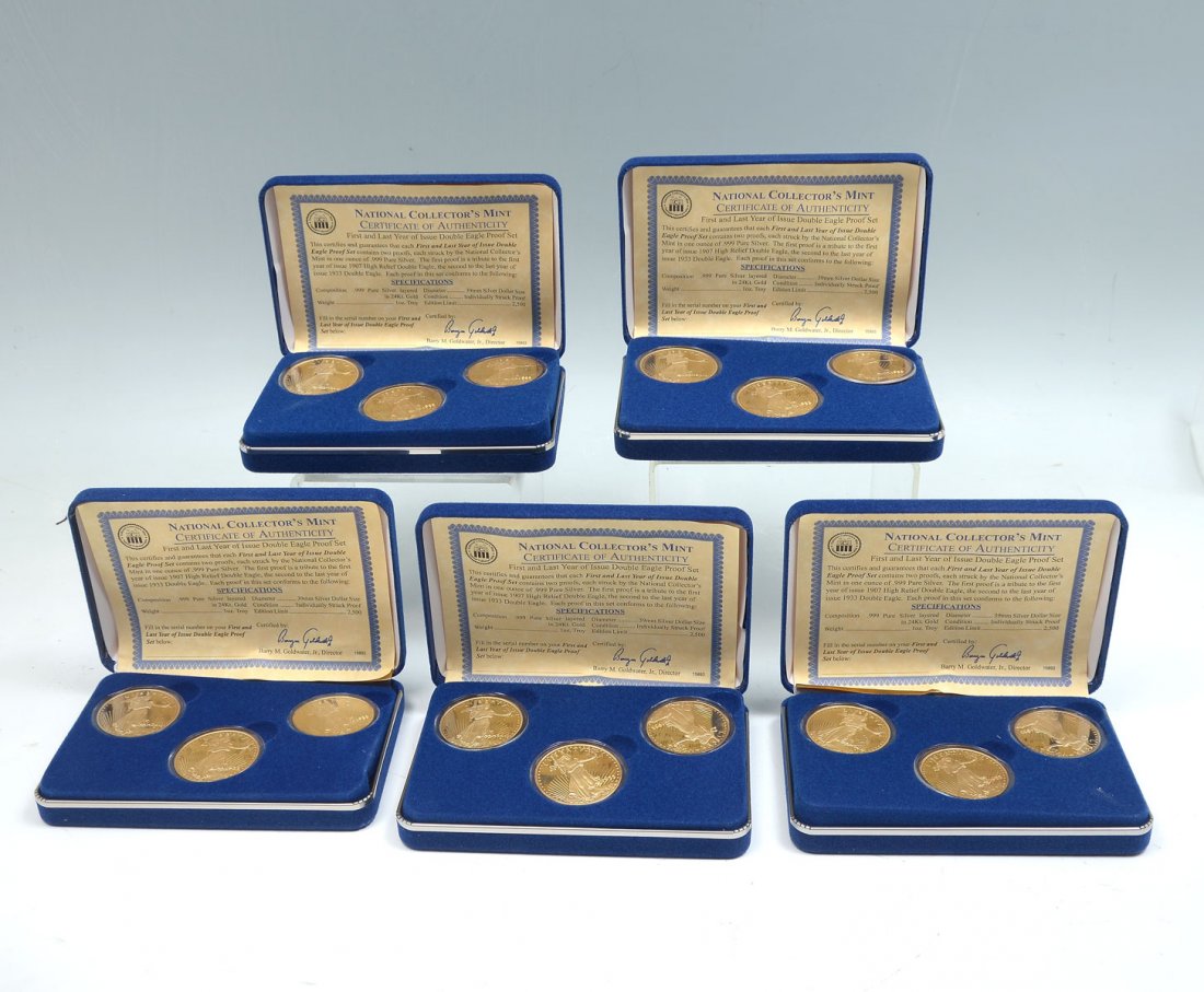 5 BOXES SETS GOLD CLAD SILVER DOUBLE EAGLE COINS: 5 BOXES SETS GOLD CLAD SILVER DOUBLE EAGLE COINS: Each box has 3- One troy ounce pure silver coins layered in a 24 Kt. Gold. Comprising; 1- Proof that is a tribute to the first year of issue 1907 high