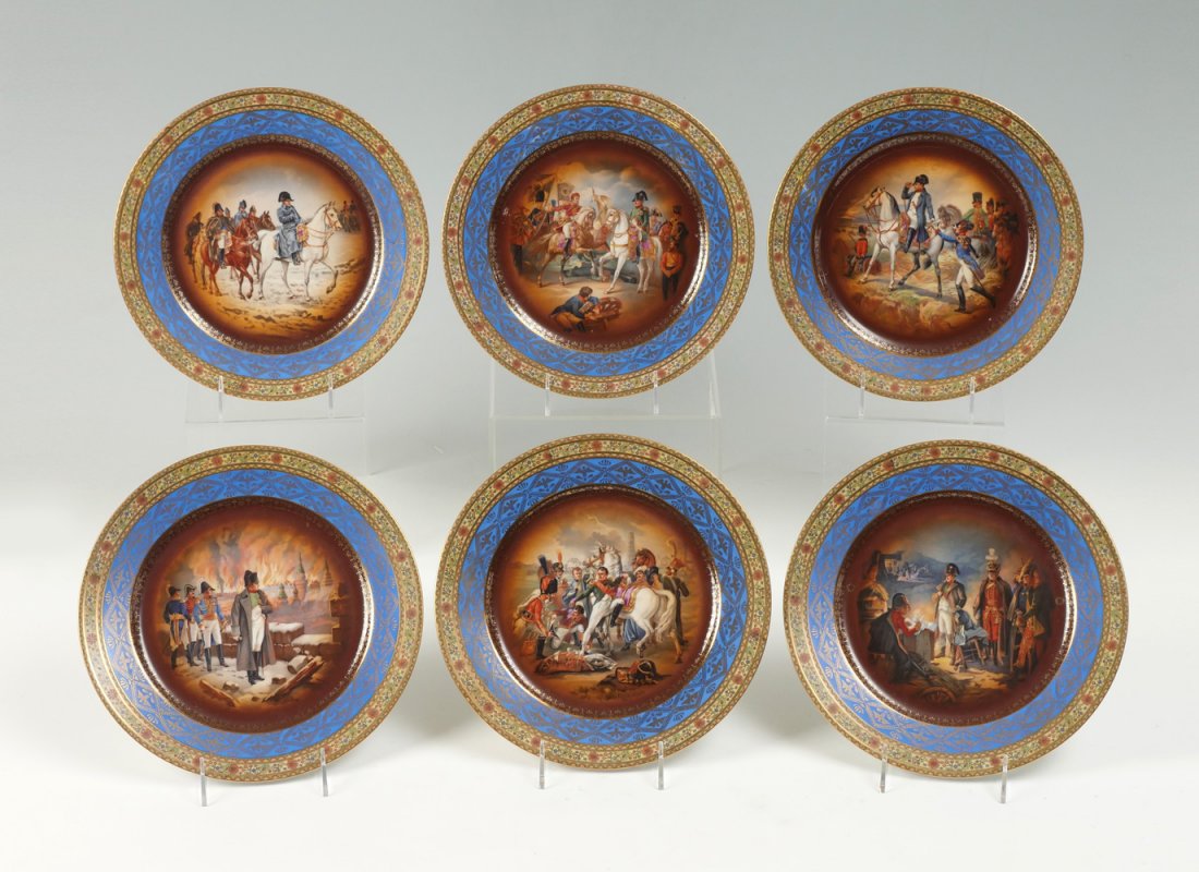 6 PC. CZECH CARLSBAD PORCELAIN NAPOLEONIC PLATES: 6 PC. CZECH CARLSBAD PORCELAIN NAPOLEONIC PLATES: Carlsbad fine porcelain Napoleonic plates, having six different painted battle scenes with elaborate borders. Black flag mark & Beehive mark at unders