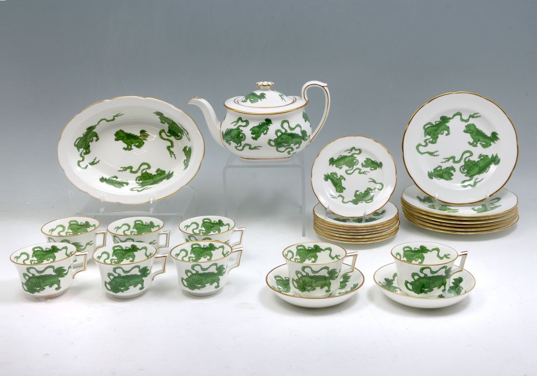 27 PC. WEDGEWOOD GREEN CHINESE TIGER DINNERWARE: 27 PC. WEDGEWOOD GREEN CHINESE TIGER DINNERWARE: Comprising; 1- open vegetable dish, 1- Coffee pot, 8- Cups, 2- Saucers, 7- Luncheon plates, 8- Bread plates. Largest approx. 2" h x 11" l x 8" w.
