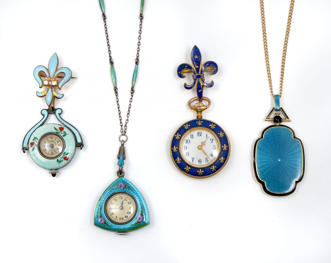 3 GUILLOCHE WATCHES & 1 LOCKET: 3 GUILLOCHE WATCHES & 1 LOCKET: 1) Pretty blue guilloche locket with black enamel trim on 18" chain; 2) Sterling & blue floral guilloche triangular shaped watch on 32" sterling chain with enamel beads