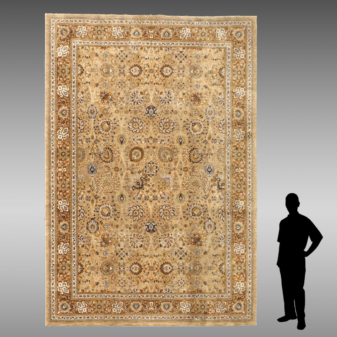LARGE CREAM COLORED KARASTAN WOOL CARPET: LARGE CREAM COLORED KARASTAN CARPET, 13'3" X 9'9": A very large Karastan "Aden Gold" design carpet from the Spice Collection. Predominantly cream colored carpet with vivid flourishes and rosettes of g