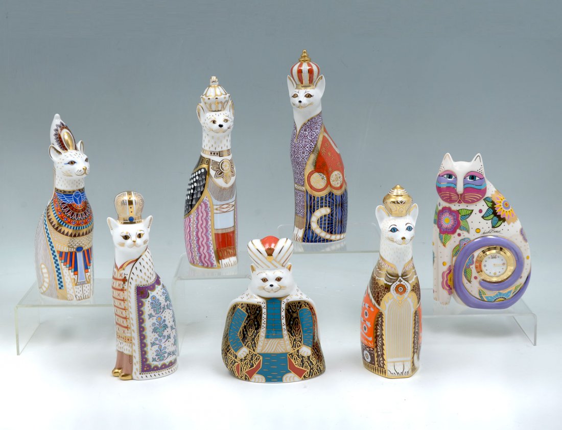 6 ROYAL CROWN DERBY PORCELAIN CATS: 6 ROYAL CROWN DERBY PORCELAIN CATS: 6 piece Royal Crown Derby porcelain in the form of royal cats. Cats included are; Egyptian, Russian, Persian, Siamese, Abyssinian, & Burmese. All have red stamps at