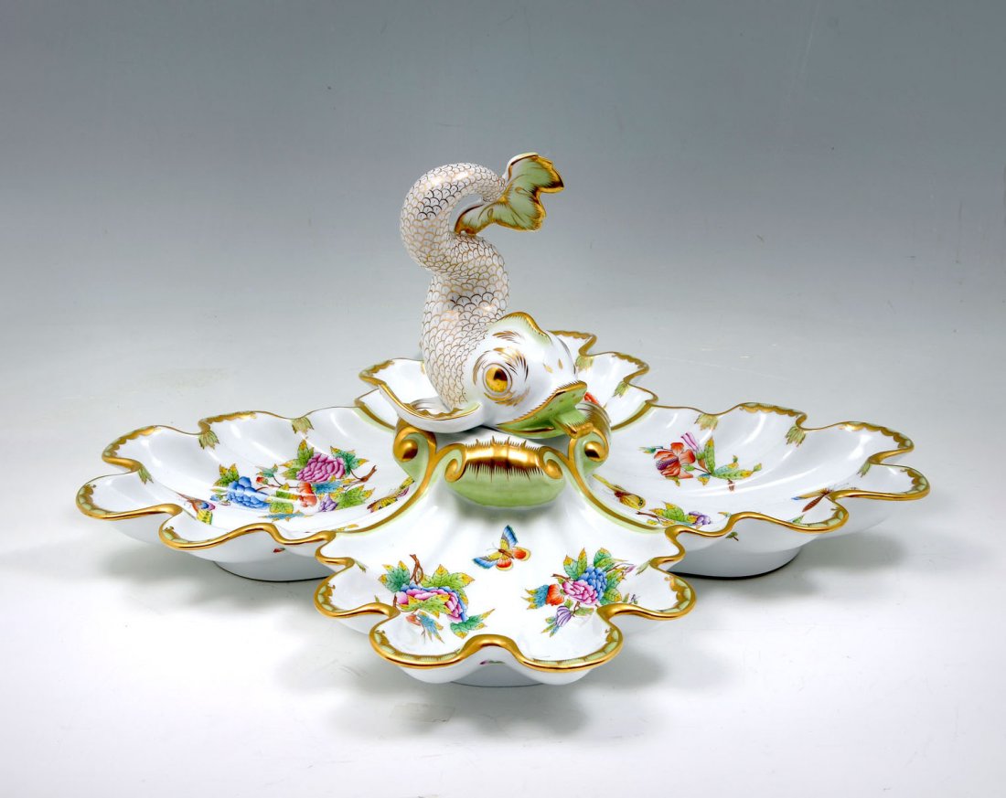 LARGE HEREND SERVING DISH STYLIZED DOLPHIN HANDLE: LARGE HEREND SERVING DISH STYLIZED DOLPHIN HANDLE: Impressive Herend 4- section scalloped serving dish. Bowls, having butterflies amongst floral & foliate medallions. Surmounting stylized dolphin fish