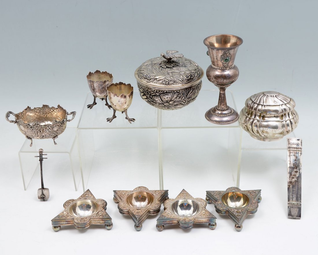 10 PC. SILVER & SILVER PLATE COLLECTION: 10 PC. SILVER & SILVER PLATE COLLECTION: Approx. 16.88 Troy ounces .800. Comprising; 1- covered Silver bowl, with a bird form handle having an overall bird & floral repousse motif. 2- Silver egg cups,