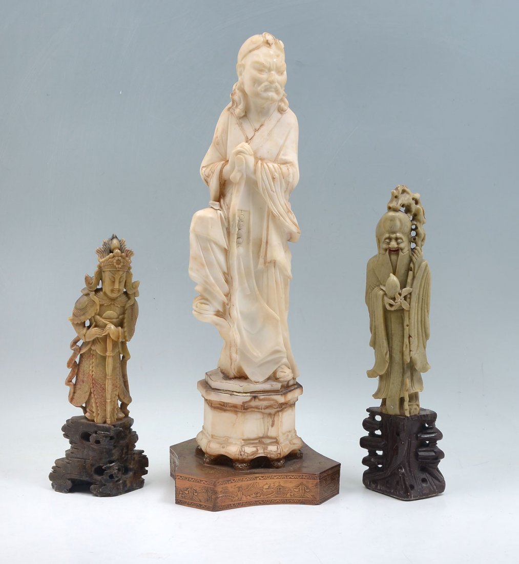 3 PC. CARVED CHINESE ALABASTER & SOAPSTONE FIGURES: 3 PC. CARVED CHINESE ALABASTER & SOAPSTONE FIGURES: Comprising; 2- Carved soapstone figures, & 1- carved alabaster sculpture of Li Tiaguai, a Chinese immortal, mounted on a metal base. Largest approx.