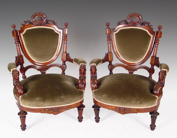 PAIR CARVED VICTORIAN CHAIRS attrib. John Jelliff