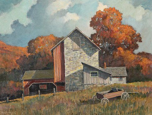 IMPORTANT ERIC SLOANE AUTUMN COLOR BARN PAINTING: SLOANE, Eric, (American, 1910-1985): ''Autumn Color'', OIL/Masonite, 17 1/4' x 23'', signed, encased in Barnwood style frame, 25'' x 30 1/2'', older gallery label verso. From the Reeves Lewenthal Coll