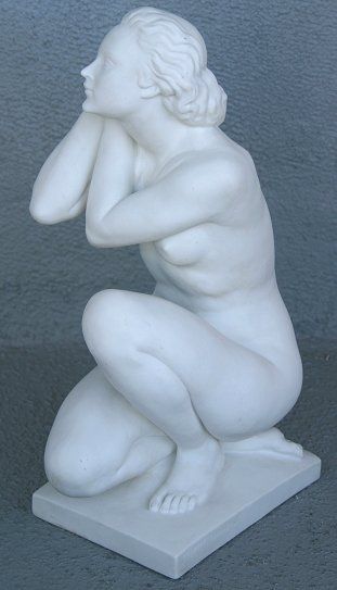 SEVRES PARIAN KNEELING NUDE AFTER TRAVERSE: PARIAN SCULPTURE AFTER PIERRE TRAVERSE, FRENCH 1892-1979: Depicts a kneeling female nude, 12" h, impressed signature and incised mark verso Sevres.