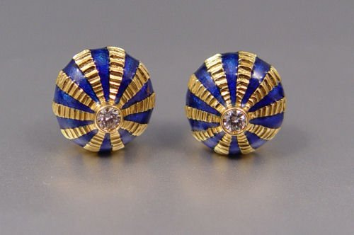 TIFFANY & CO SCHLUMBERGER TAJ MAHAL EARRINGS: TIFFANY & CO. JEAN SCHLUMBERGER ''TAJ MAHAL'' DIAMOND ENAMEL EARRINGS: 18K yellow gold with cobalt enamel. Earrings contain 2 round brilliant cut diamonds. Weight: .12 Ct. Approx. The diamonds average