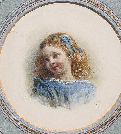 JOHN DAWSON WATSON PORTRAIT PAINTING: WATSON, John Dawson, (British, 1832-1892): Portrait of a young lass, W/C, 6'' diameter, monogrammed JDW, dated 1863, encased in carved and gilded frame, 14'' x 14''.