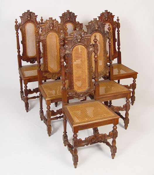 6 RENAISSANCE REVIVAL CARVED LION'S HEAD CHAIRS: SET OF 6 RENAISSANCE REVIVAL CARVED LION'S HEAD CHAIRS: Caned back and seats. Measures 46 3/8" high x 17 1/2" x 16"