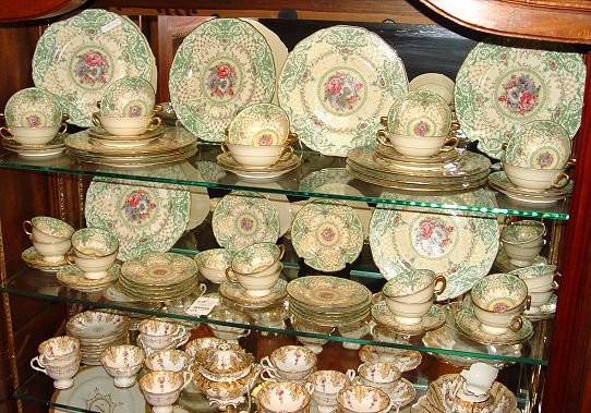 67 pc BLACK KNIGHT GOLD LATTICE & FLORAL CHINA : BLACK KNIGHT GOLD LATTICE, SCROLL AND FLORAL DECORATED CHINA: Pattern 8376. 67 pieces to include 12 dinner or service plates (10 1/2"), 10 bread plates, 11 cream soups, 10 underplates to the soups, 12