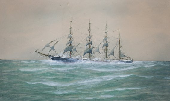 J. ARNOLD GREAT REPUBLIC MARINE PAINTING: ARNOLD, J, (American, 20th C.): ''Westbound'', the clipper ''Great Republic'', Watercolor heightened with white, 15'' x 25'' sight size, signed and titled, framed, 22'' x 32''.